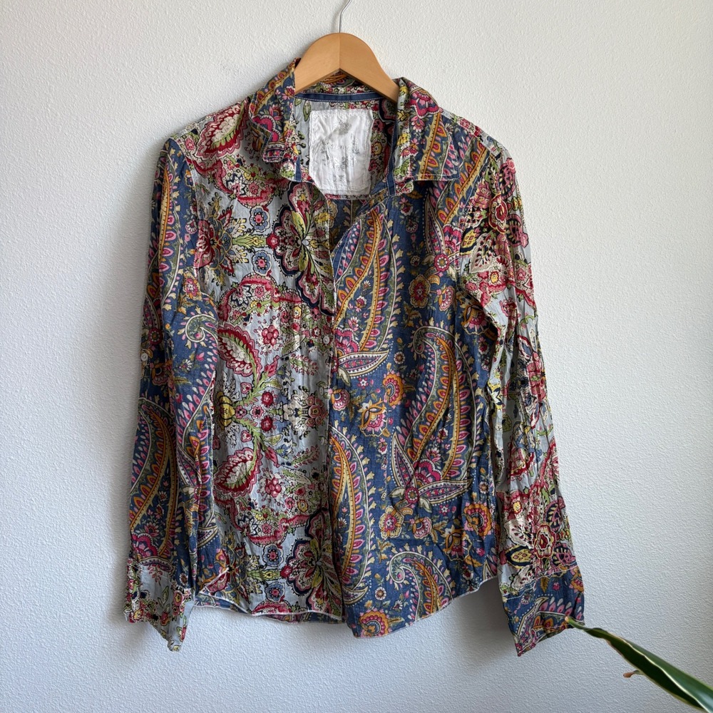 Cino Women Large Paisley Floral Crinkle Cotton Button Down Shirt Blue Red Boho